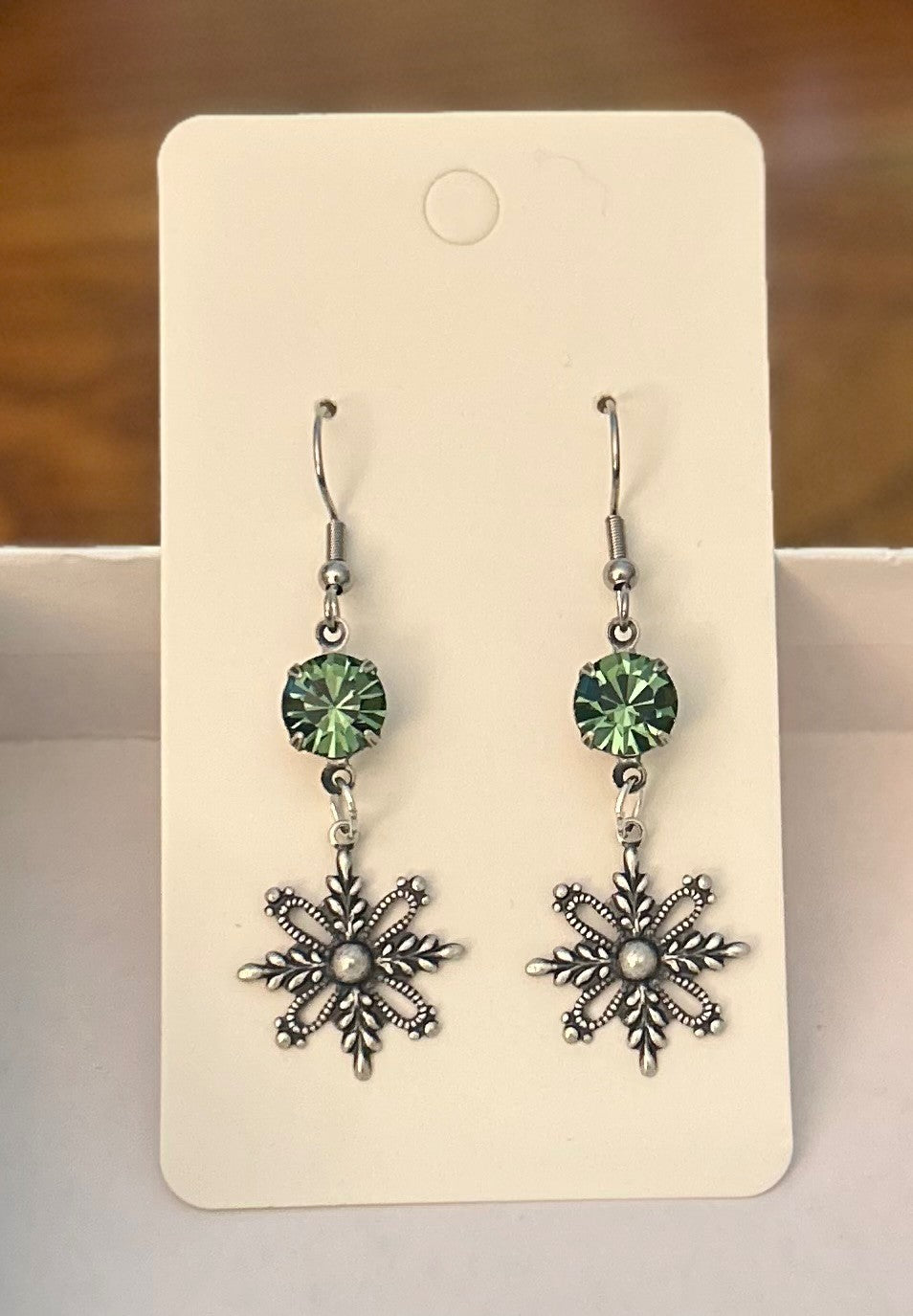 Antique Silver Tone Snowflake Earrings With Erinite Green Faceted Stones ~ Hypoallergenic & Nickel Free|966