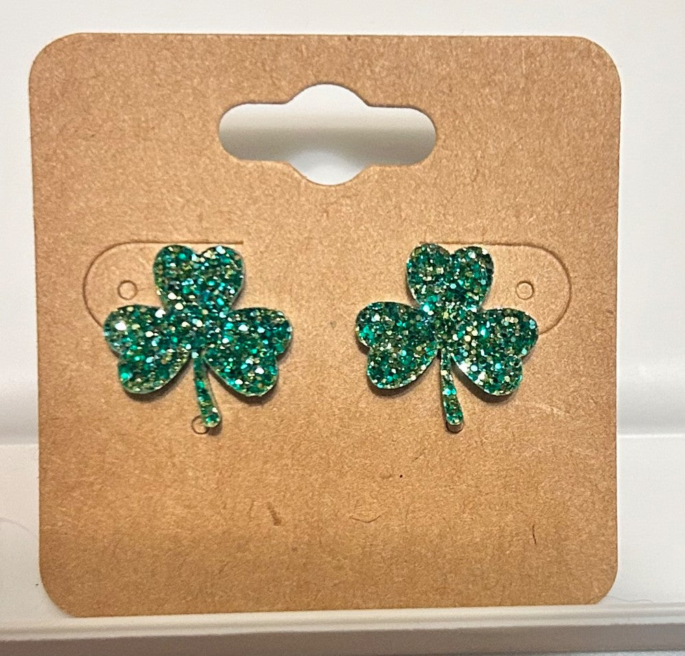 Glitter Green Clover Stud Earrings-Hypoallergenic and Nickel Free|3913