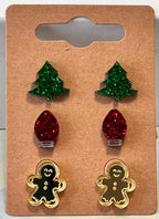 Christmas Themed Stud Earring Three Pack-Glitter Trees in Green-Glitter Light Bulbs in Red-Mirrored Gingerbread Man in Gold|3648