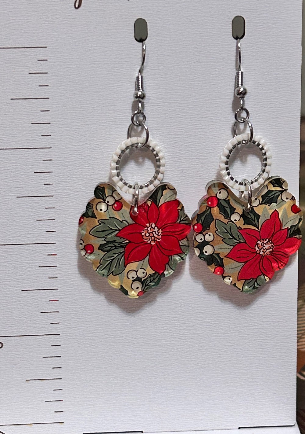 Red Poinsettia and Berries Dangle Earrings-Hypoallergenic and Nickel Free|3935