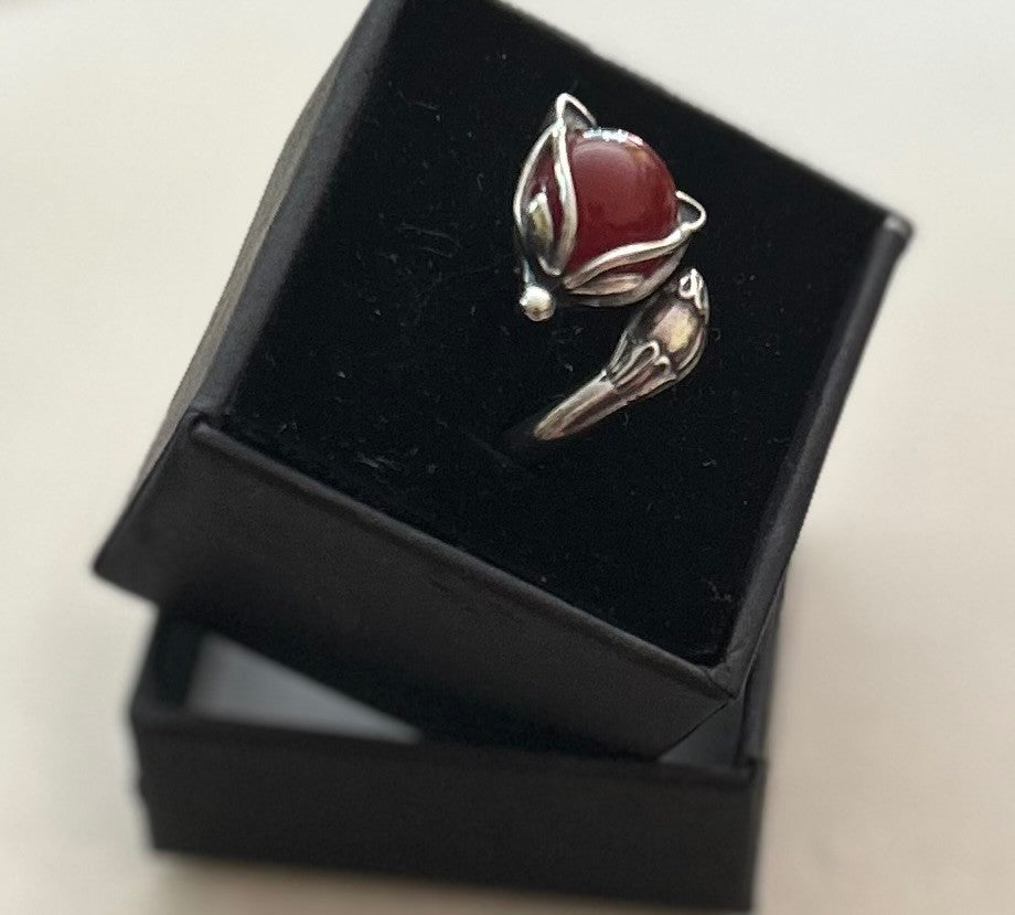 Sterling Silver Fox Ring Set With A Carnelian Natural Stone ~ Adjustable|893