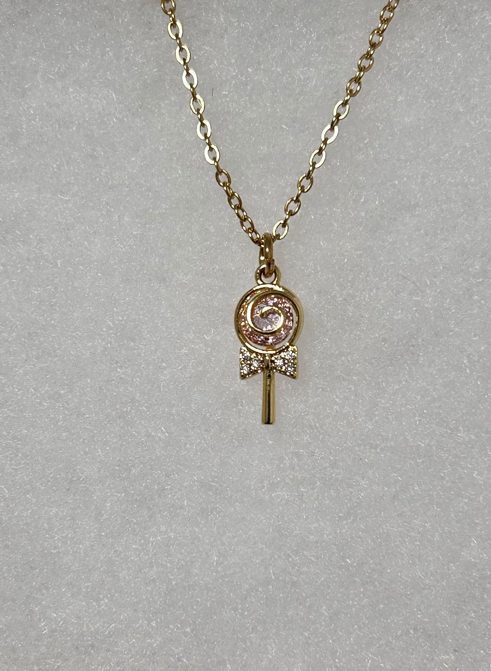 Pink Lollipop Pendant Necklace-Pastel Pink and Clear CZ Stones-18” Stainless Steel Tarnish Resistant Chain|3348