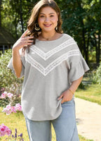 Grey Lace Ruffle Short Sleeve Top|3018