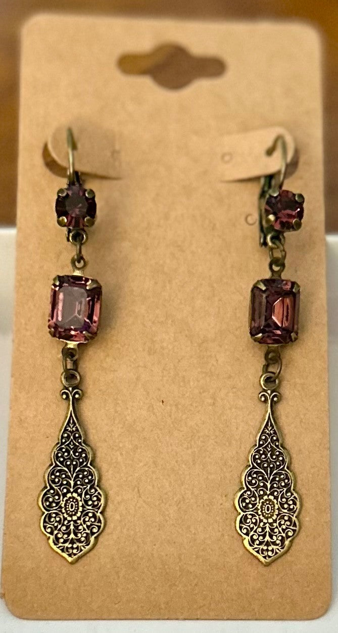 Vintage Austrian Dark Amethyst Dangle Earrings|927